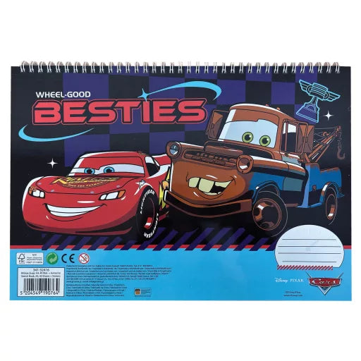 Disney Cars Roaring A4 Carnet de dessin à spirale, 40 feuilles avec autocollants