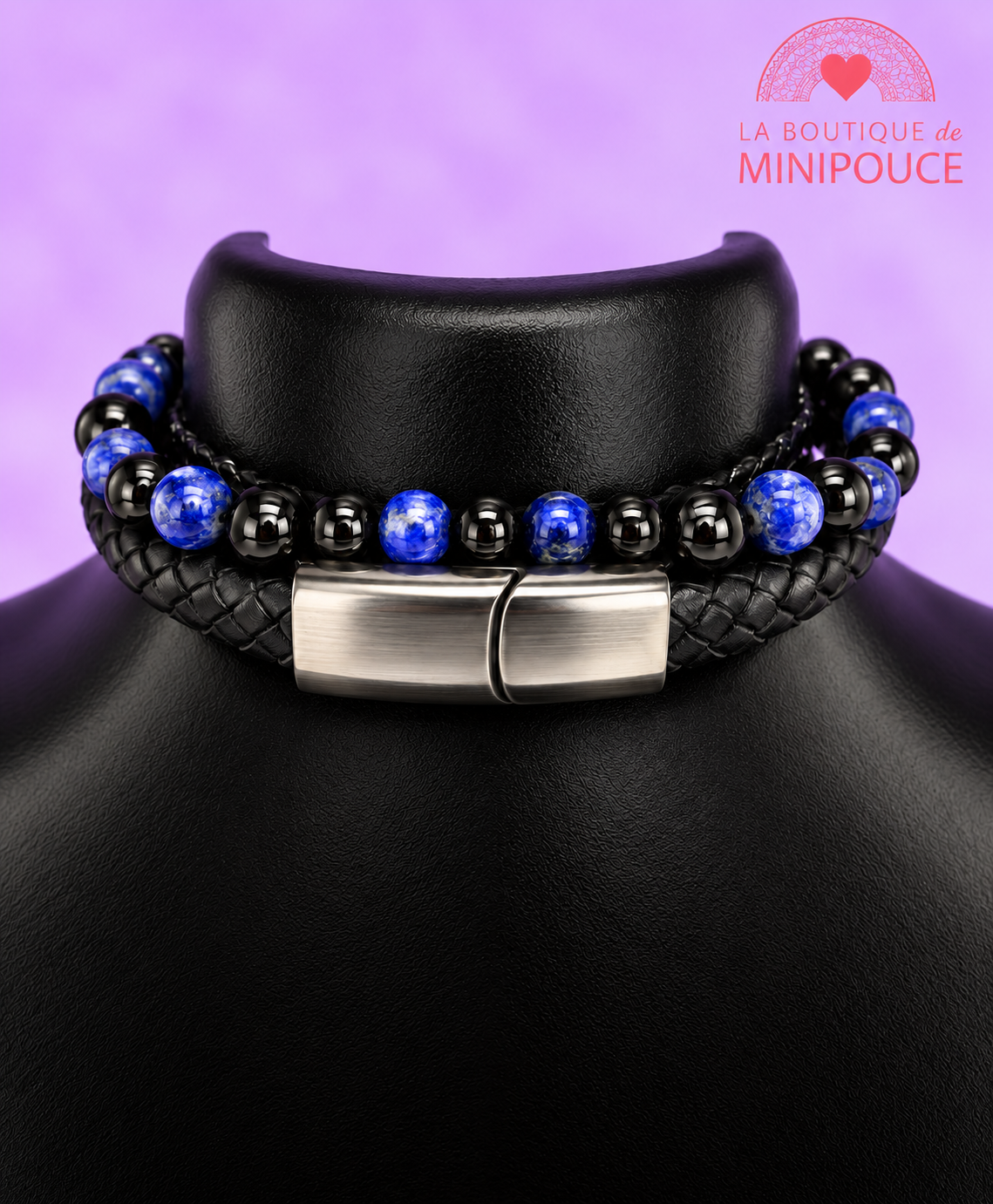 Bracelet Aska en cuir noir – Lapis-lazuli et onyx