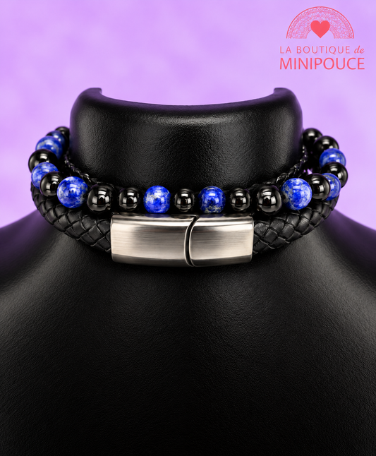 Bracelet Aska en cuir noir – Lapis-lazuli et onyx