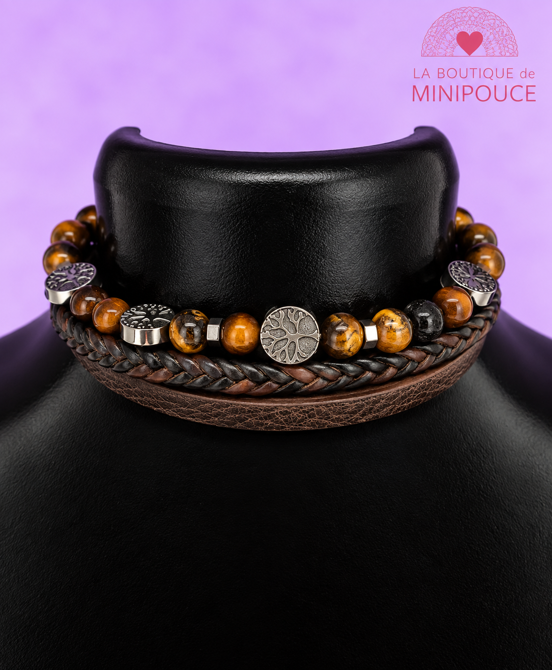 Bracelet Koru brun – Œil-de-tigre et acier inoxydable