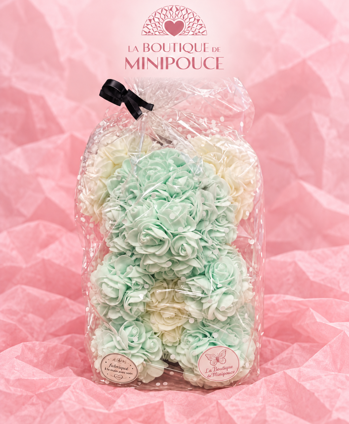 Ourson en fleurs artificielles – Création artisanale